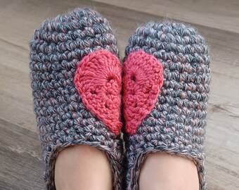 Women's Heart Slippers, Handmade Knit Slipper Socks, Crochet Gift for Women