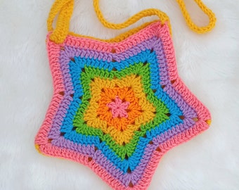 Rainbow Star Purse digital crochet pattern, instant download star cross body bag, easy skill level crochet star handbag instructions