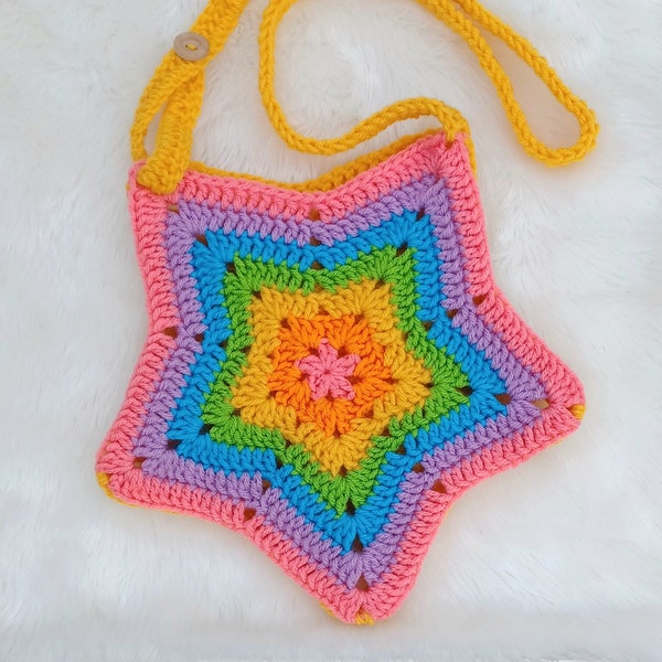 Rainbow Star Purse digital crochet pattern, instant download star cross body bag, easy skill level crochet star handbag instructions