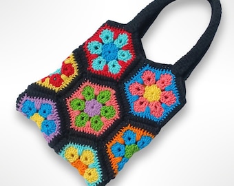 Flower Hexagon Crochet Bag Pattern, Granny Square Purse (Digital Download)