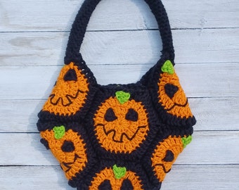 Halloween Hexagon Crochet Pattern, granny square trick-or-treat bag, instant download easy skill level pumpkin design, crochet pumpkin purse