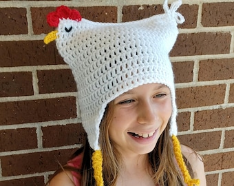 Dixie Huhn Hut Crochet Pattern Muster Erwachsene und Kinder Größe einfache Schwierigkeitsstufe Huhn Kostüm Beanie