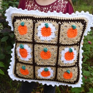 May include: A crocheted pillow with a brown, white, and orange pumpkin design. The pillow has a white crocheted border.