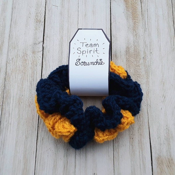 Team Spirit Scrunchie crochet pattern, beginner crochet pattern, easy scrunchy crochet pattern, ponytail holders, crochet hair accessories