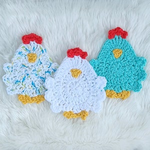 Henny Penny Coaster digital crochet pattern, instant download easy mug rug instructions, farm house kitchen and home decor chicken coasters