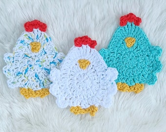 Henny Penny Coaster digital crochet pattern, instant download easy mug rug instructions, farm house kitchen and home decor chicken coasters