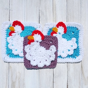 Chicken Granny Square digital crochet pattern, instant download easy crochet instructions, chicken afghan block, chicken home decor