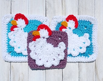 Chicken Granny Square digital crochet pattern, instant download easy crochet instructions, chicken afghan block, chicken home decor