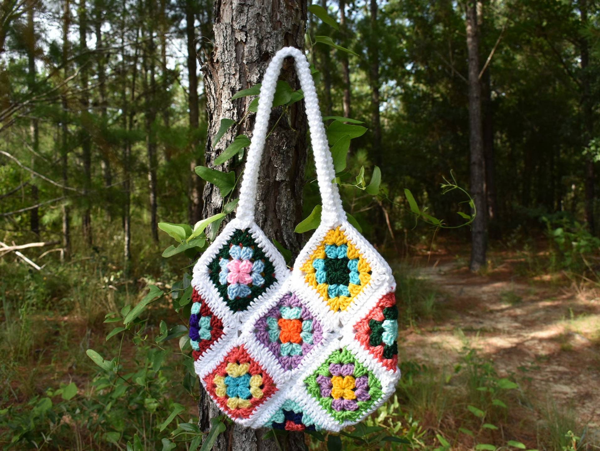 Crochet bag crochet flower patchwork bag white tote handbag Etsy