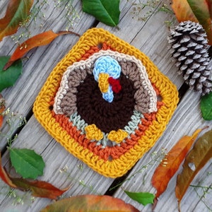 Crochet Turkey Granny Square Pattern, easy crochet Thanksgiving Turkey pdf pattern, turkey design Afghan block, holiday crochet designs image 1