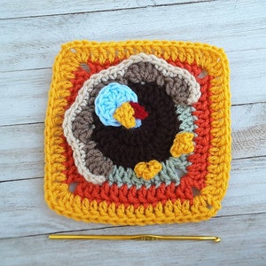 Crochet Turkey Granny Square Pattern, easy crochet Thanksgiving Turkey pdf pattern, turkey design Afghan block, holiday crochet designs image 4