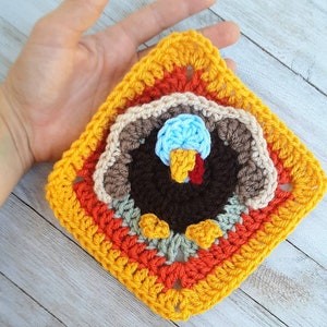 Crochet Turkey Granny Square Pattern, easy crochet Thanksgiving Turkey pdf pattern, turkey design Afghan block, holiday crochet designs image 3