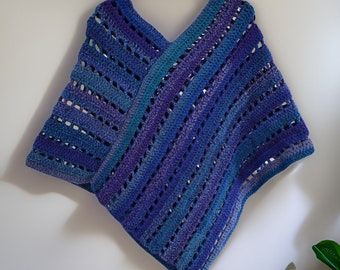 Crochet Poncho, handmade and ready to ship women's size LARGE shawl, striped Purple, Blue, Teal color yarn winter poncho wrap