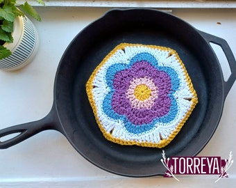 Vintage Petals Potholder Easy Crochet Pattern, Instant download digital pdf, crochet hexagon flower motif