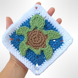 Oma-vierkant gehaakt schildpad, appliqué oceaanthema, handgemaakt Afghaans blok