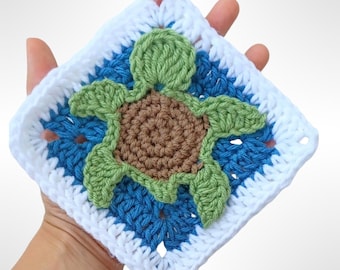 Crochet Turtle Granny Square, Ocean Theme Applique, Handmade Afghan Block