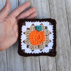 May include: A crocheted square with a brown border, white center, and an orange pumpkin in the middle. The pumpkin has a green stem.