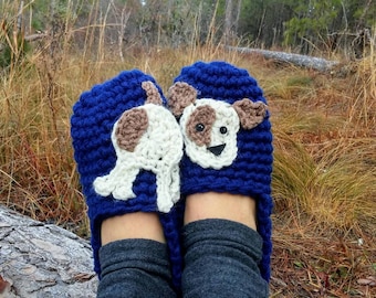 Women's crochet slipper pattern with dog applique, pet lovers crochet pattern, easy crochet slipper pattern, instant download pdf pattern