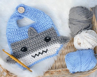 Shark Crochet pattern, samson shark baby bib pattern, cotton drool bib crochet pattern, instant download shark design baby shower gift