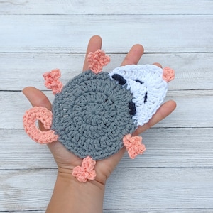 Possum Coaster digital crochet pattern, instant download crochet animal mug rug instructions, Opossum crochet applique