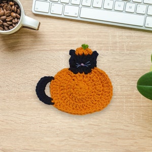 Boo kitty Pumpkin coaster crochet pattern, instant download digital crochet instructions, Halloween home decor, cat coaster, pumpkin mug rug