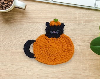 Boo kitty Pumpkin coaster crochet pattern, instant download digital crochet instructions, Halloween home decor, cat coaster, pumpkin mug rug