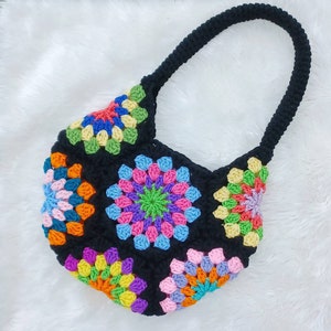 Crochet Pattern, Digital Instant Download pdf, Spinning Jenny Flower Bag, crochet handbag, granny square hexagon pattern, easy skill level image 1