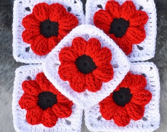 Crochet Pattern Poppy Flower Granny Square, textured flower afghan block, easy granny square digital crochet instructions, flower blanket