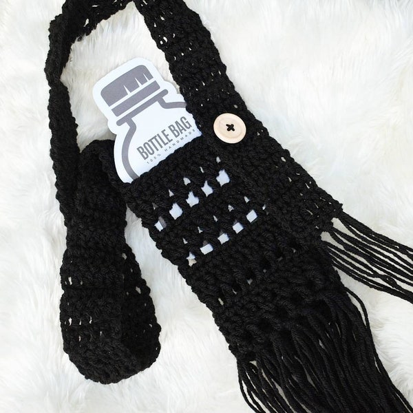 Festival Fringe Bottle Carrier, PDF crochet pattern, boho water bottle holder with fringes and button, crochet bag pattern, crossbody bag