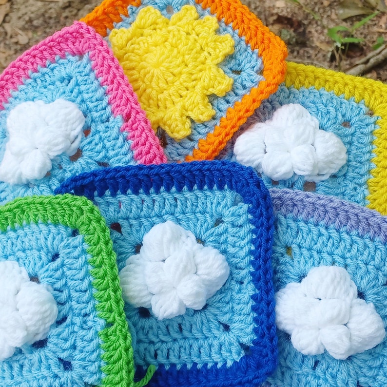 Digital Pattern Cloud granny square, crochet clouds, sky blue cloud Afghan block, instant download pdf, Intermediate level crochet pattern image 7