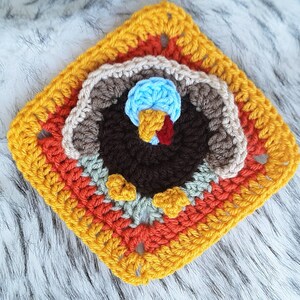 Crochet Turkey Granny Square Pattern, easy crochet Thanksgiving Turkey pdf pattern, turkey design Afghan block, holiday crochet designs image 6