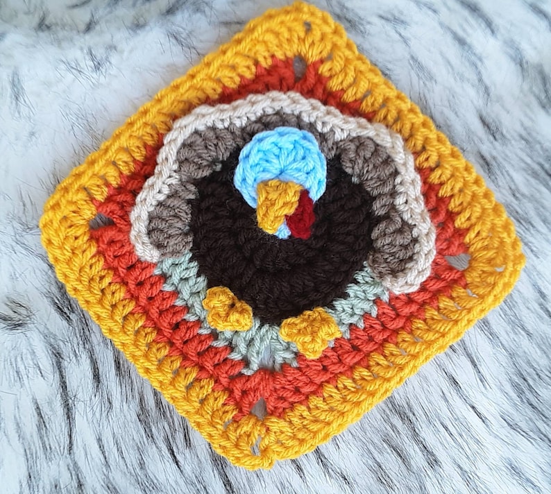 Crochet Turkey Granny Square Pattern, easy crochet Thanksgiving Turkey pdf pattern, turkey design Afghan block, holiday crochet designs image 6