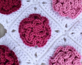 Digital Crochet pattern, Celosia flower granny square pattern, easy crochet pattern, granny square afghan block instructions