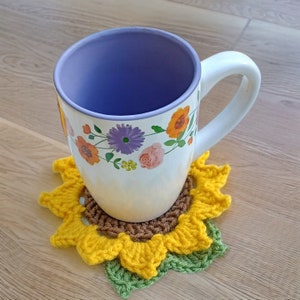 Padrão de crochê digital de porta-copos de girassol, instruções fáceis de flores de crochê, tapete de caneca de girassol