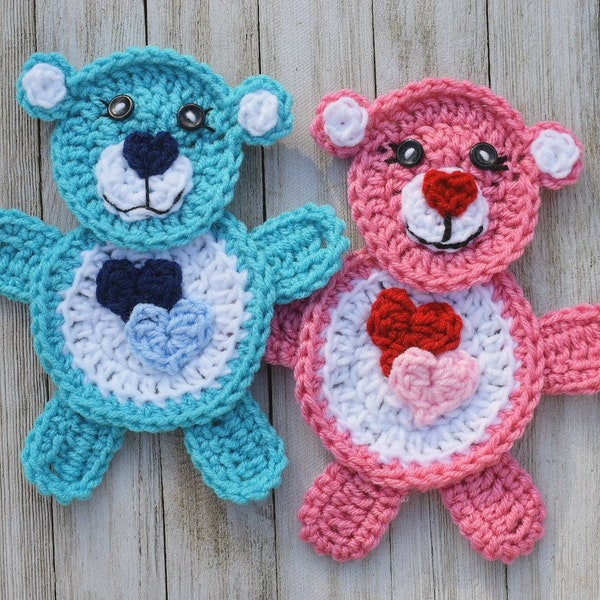 Have-A-Heart crochet bear applique pattern, easy crochet pattern for beginners, crochet teddy bear and heart pattern, instant download pdf