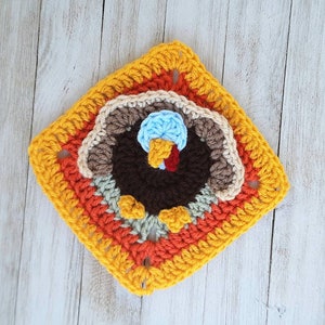 Crochet Turkey Granny Square Pattern, easy crochet Thanksgiving Turkey pdf pattern, turkey design Afghan block, holiday crochet designs image 2