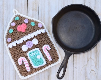 Gingerbread House digital crochet pattern, easy crochet hot pad, seasonal crochet kitchen home decor, crochet potholder instant download