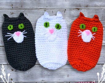 Kitty Cat Crochet bottle cooler, cat bottle sleeve, crochet cat cozy, can cooler