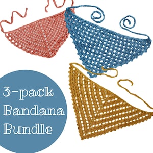 May include: Three crocheted triangle bandanas in a 3-pack bundle. The bandanas are in pink, blue, and yellow.