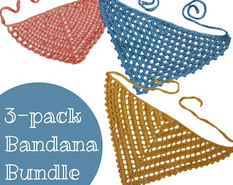 Crochet Bandana Bundle, drei Anfänger-freundliche digitale Häkelanleitungen, Sofort-Download Halstuch-Muster