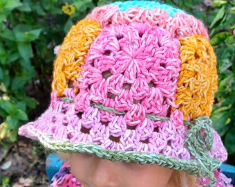 Pattern Flower Sunshine Hat for Kids, Youth crochet bucket hat pattern, instant download crochet granny square hat, child size bonnet