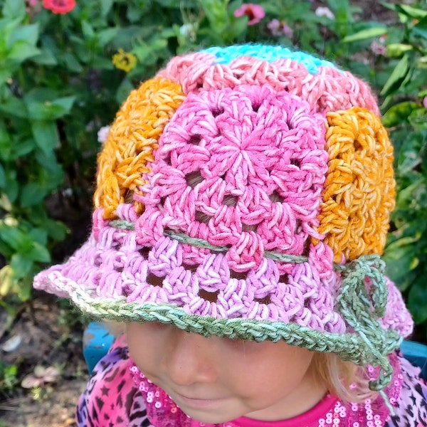 Pattern Flower Sunshine Hat for Kids, Youth crochet bucket hat pattern, instant download crochet granny square hat, child size bonnet