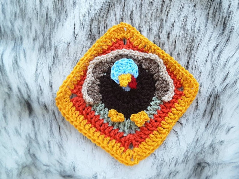 Crochet Turkey Granny Square Pattern, easy crochet Thanksgiving Turkey pdf pattern, turkey design Afghan block, holiday crochet designs image 5