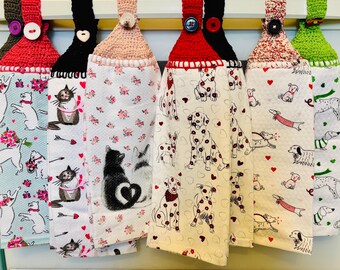 Paño de cocina para mascotas, toalla de cocina colgante con asa para electrodomésticos en verde azulado con gato o blanco con perro para decoración de San Valentín o San Patricio.
