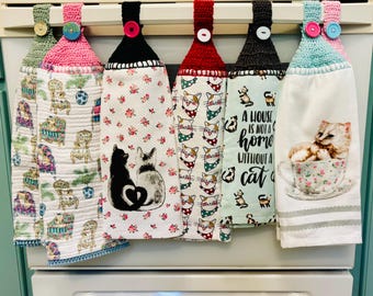 Cat hanging dishtowel, crochet top appliance kitchen towel for pet lovers, teal terry cloth home decor, calico tabby ginger lucky cat linens