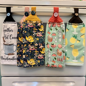 Drink crochet top kitchen towel with button, hanging appliance handle dishtowel, funny sassy mom gift, beverage soda pop tea cocoa wine