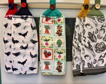 Hanging hand towel for kitchen, cottagecore decor button on crochet dishtowel with vegetable gardening, farmhouse chickens, vintage baking