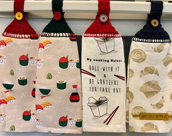 Toalla de cocina tejida a crochet con botón, paño de cocina colgante para el mango del electrodoméstico, regalo divertido y atrevido para mamá, pan de sushi chino para llevar