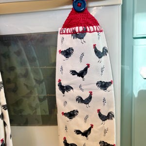 Hanging hand towel for kitchen, cottagecore decor button on crochet dishtowel with farmhouse chickens, horses, vintage geese, hedgehogs Red Chickens