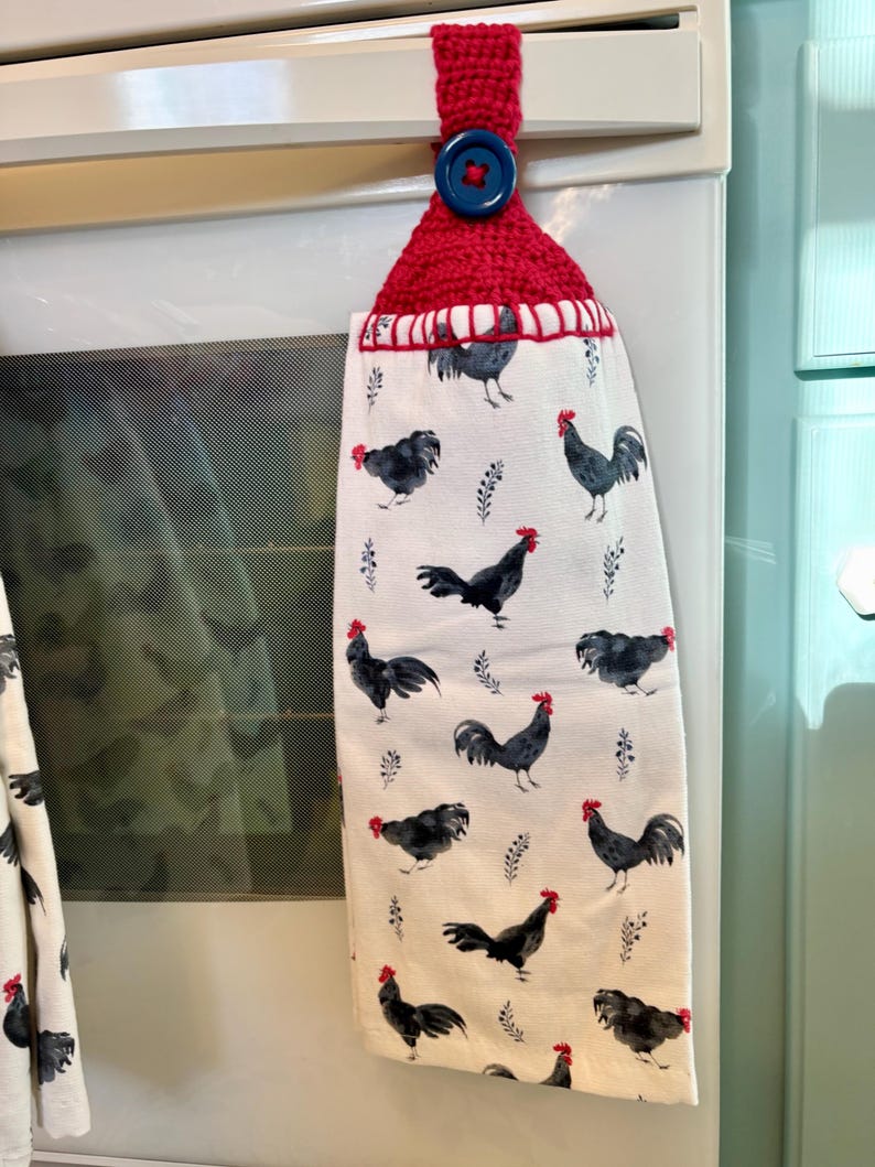 Hanging hand towel for kitchen, cottagecore decor button on crochet dishtowel with farmhouse chickens, horses, vintage geese, hedgehogs Red Chickens